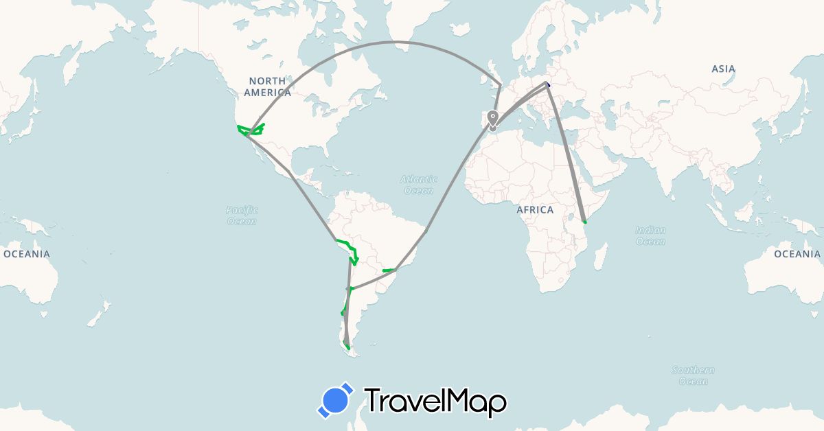 TravelMap itinerary: driving, bus, plane in Argentina, Bolivia, Brazil, Chile, Spain, United Kingdom, Kenya, Mexico, Peru, Poland, United States (Africa, Europe, North America, South America)